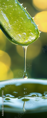 Close up of fresh aloe vera leaf with gel dripping into pool below, set against blurred green and yellow background, creating soothing and natural atmosphere