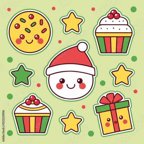 Cute christmas festive decorations featuring santa claus face cupcakes stars and gift box