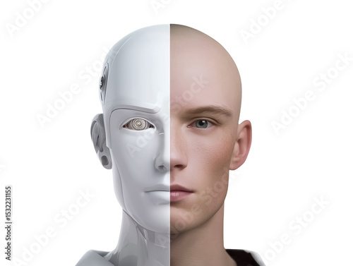 Half human half robot face 3d illustration isolated on transparent or white background, png