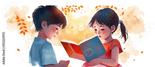 Watercolor Vector of Girls Reading in a Row – Cute Kids Reading Aloud Together in Class for Educational and Art Lesson Scene.