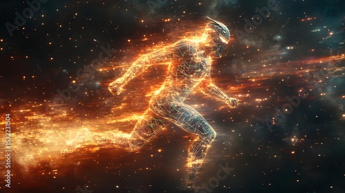 A futuristic glowing humanoid figure sprints through the cosmos, surrounded by stardust and energy trails in a digital space odyssey setting.