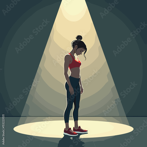 Young woman standing in spotlight with downcast expression  