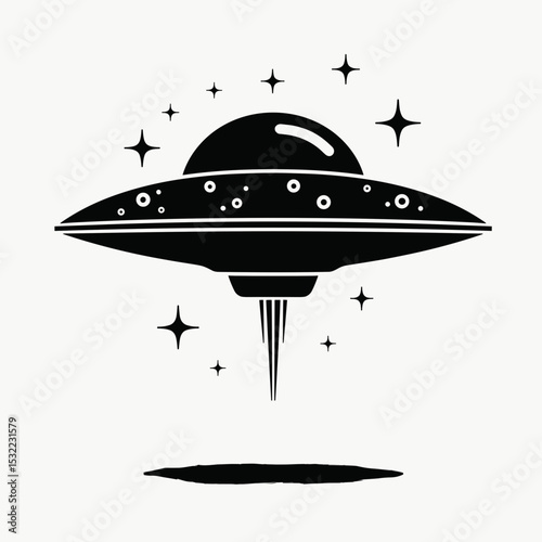 Retro UFO flying in starry space background with shining stars  