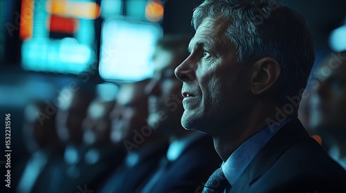 A serious mature businessman watches screens intently with colleagues du meeting in a modern darkened control center environment carefully.