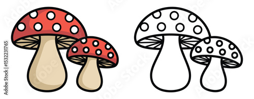 Cute Cartoon Mushrooms Illustration with Coloring Page