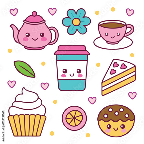 Cute kawaii food and drink illustration tea time afternoon tea party theme