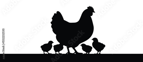 Silhouette of Hen and Three Chicks on White Background