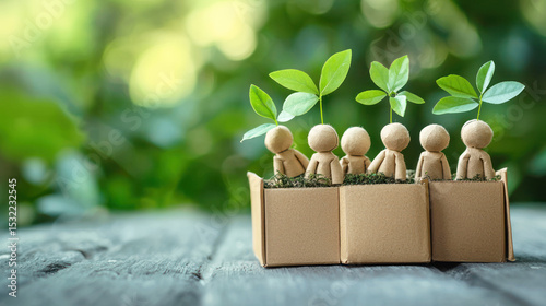 A group of six miniature wooden figures, each holding a small green leaf, arranged in a row on a wooden surface with a blurred green background.