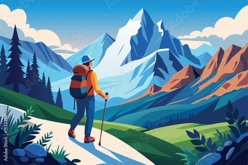 A hiker, equipped with a backpack and trekking poles, gazes at a stunning mountain vista.
