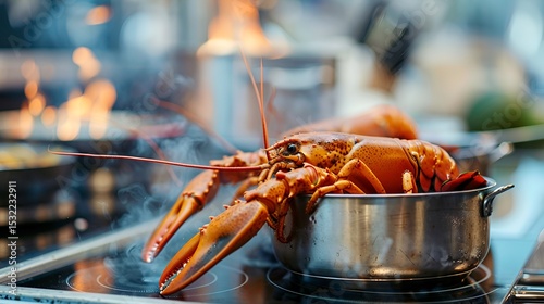 Live lobsters on a kitchen worktable, with pots boiling and kitchen equipment in the background.