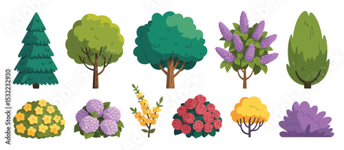 Cartoon Collection of Various Trees and Flowering Shrubs