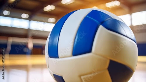 Blue and white volleyball resting on shiny wooden floor in a gymnasium setting, with natural lighting.