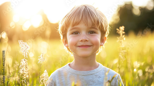 A young child standing in a field of tall grass with the sun setting in the background.