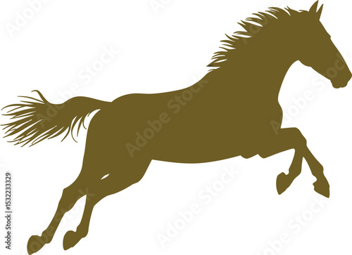 Silhouette of a horse in mid jump with a flowing mane and tail on a plain white background view