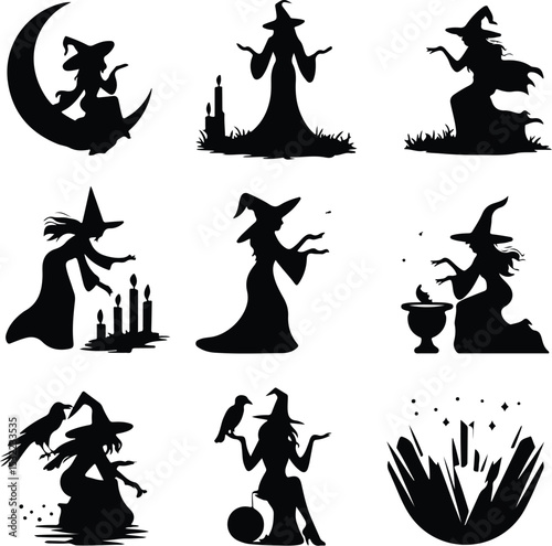 Witch with Crystal Ball Silhouette – Magical Fortune Teller Set Mystic Witch Silhouette – Crystal Ball Psychic Vector Design