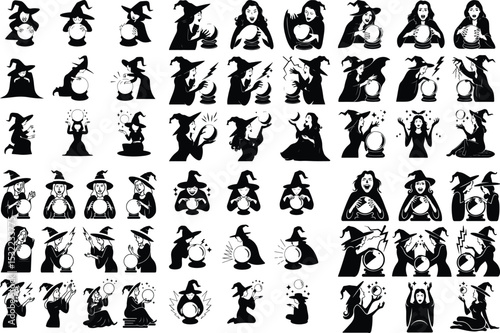 Witch with Crystal Ball Silhouette – Magical Fortune Teller Set Mystic Witch Silhouette – Crystal Ball Psychic Vector Design