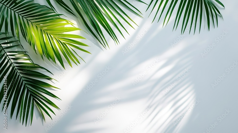 Fototapeta premium Minimalist white wall with palm leaf shadows background, abstract light texture design for product display, e-commerce visuals, digital media or web banners in natural flat style
