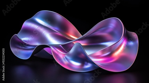 Abstract iridescent ribbon of flowing metal, reflecting light on a dark background