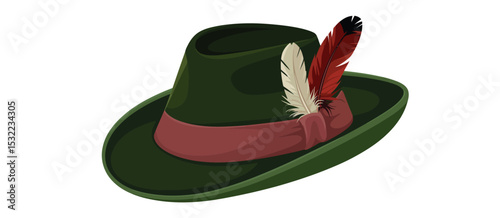 Green Felt Hat with Red and White Feathers