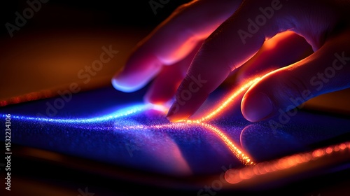 A hand interacts with a digital interface displaying glowing blue and orange light trails on a dark, modern touchscreen device surface.