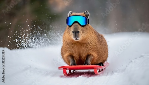 A capybara sliding down a snowy hill on a red sled. The animal wears blue ski goggles, creating a playful winter scene.