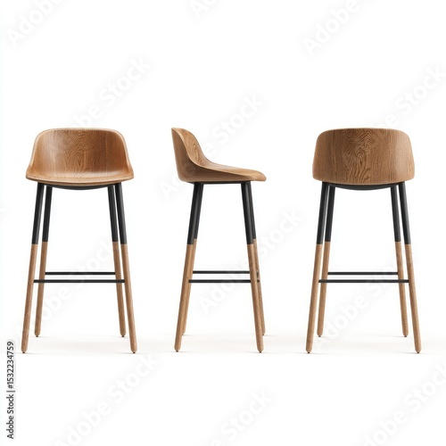Three angled views of a light brown wooden bar stool with black accents