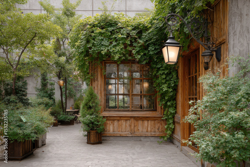 charming outdoor europeanstyle caf with wooden walls featuring unique vintage lamp as focal point photo