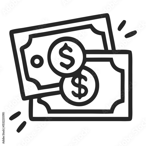 Illustration of stacked currency notes with coins, symbolizing finance and commerce in a minimalist style