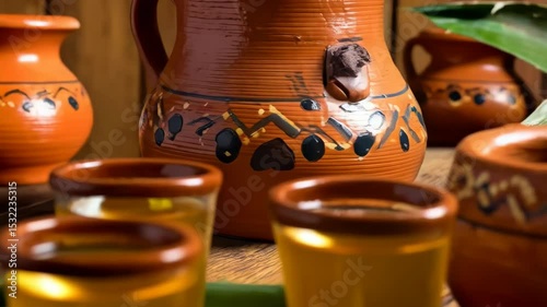 Close-up of golden alcohol shots with lime on rustic wooden table near agave plant and earthenware vessels