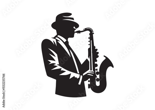 A man playing a saxophone. He is wearing a hat and is bending over Silhouette Vector