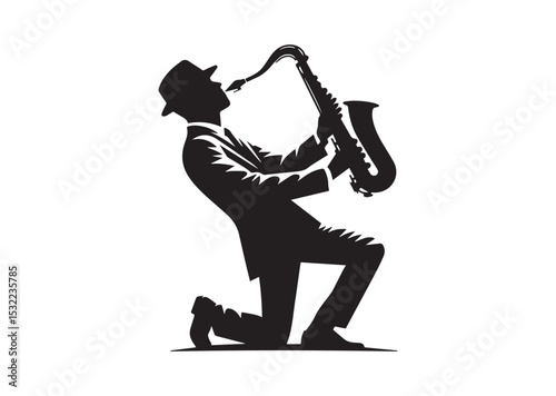 A man playing a saxophone. He is wearing a hat and is bending over Silhouette Vector