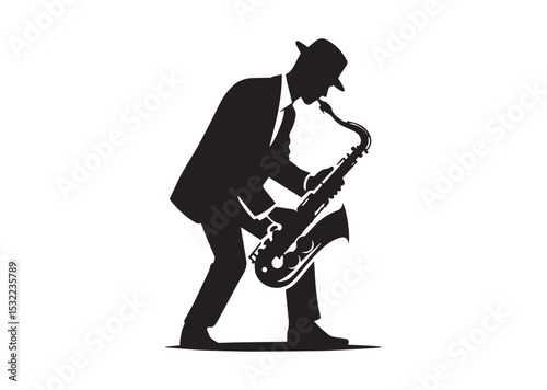 A man playing a saxophone. He is wearing a hat and is bending over Silhouette Vector