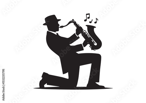 A man playing a saxophone. He is wearing a hat and is bending over Silhouette Vector