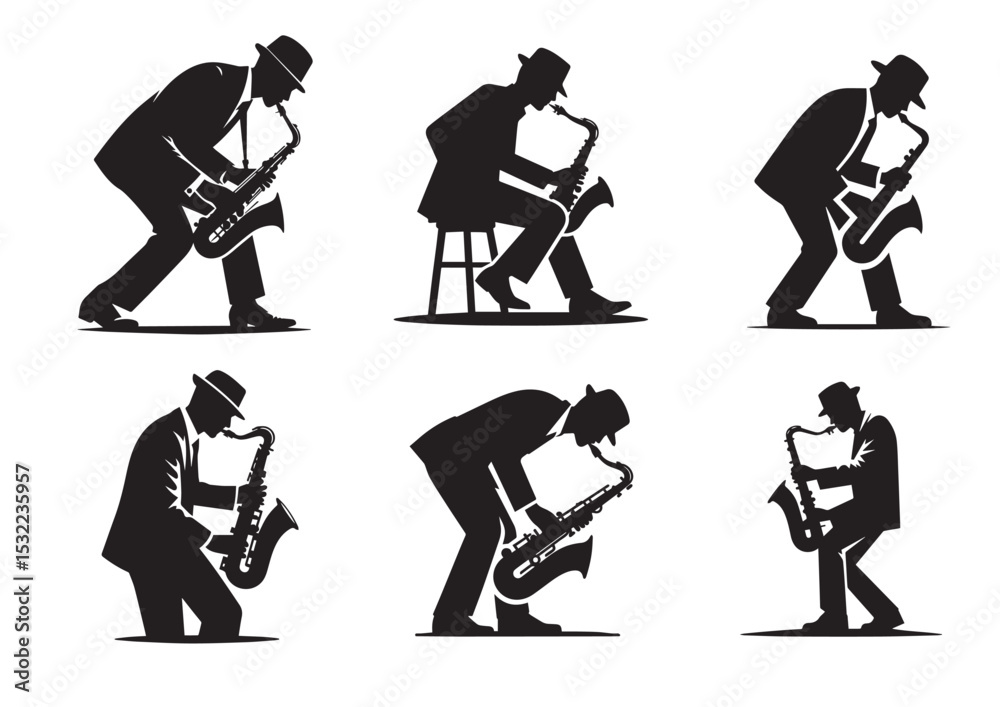 Obraz premium A man playing a saxophone. He is wearing a hat and is bending over Silhouette Vector Set