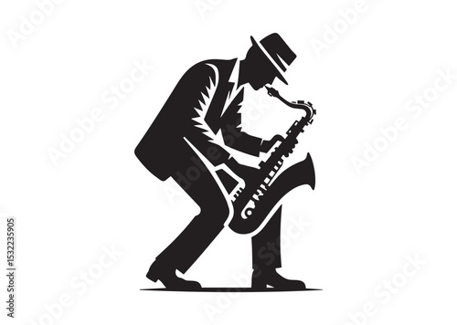 A man playing a saxophone. He is wearing a hat and is bending over Silhouette Vector