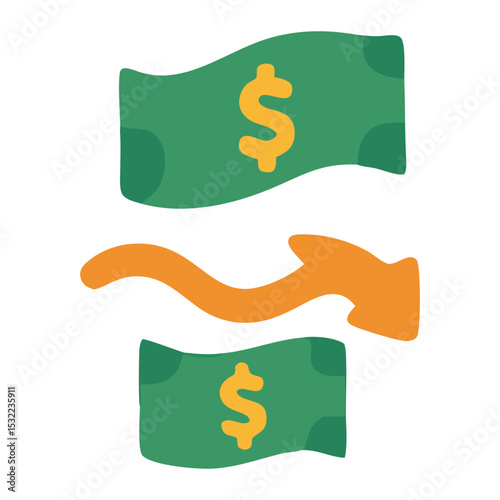 Colorful illustration of dollar bills with an arrow indicating currency exchange, suitable for finance concepts
