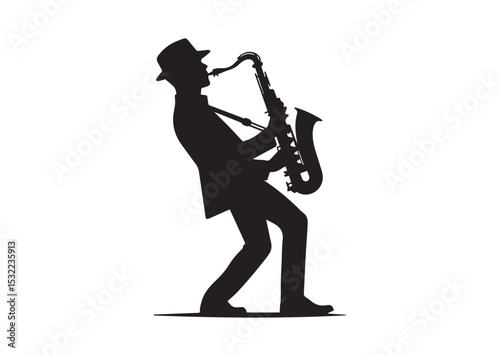 A man playing a saxophone. He is wearing a hat and is bending over Silhouette Vector