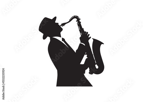 A man playing a saxophone. He is wearing a hat and is bending over Silhouette Vector