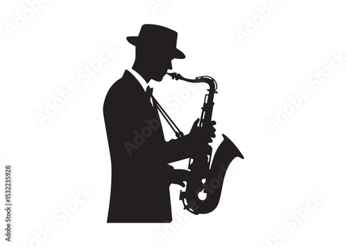A man playing a saxophone. He is wearing a hat and is bending over Silhouette Vector
