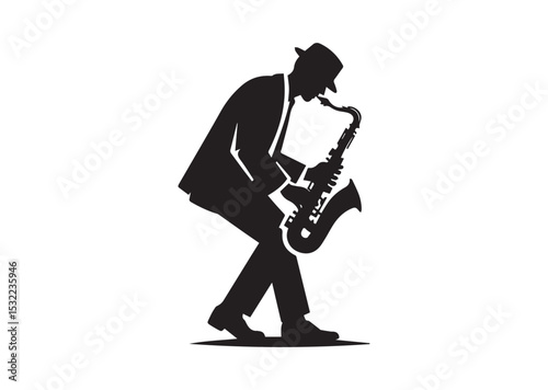 A man playing a saxophone. He is wearing a hat and is bending over Silhouette Vector
