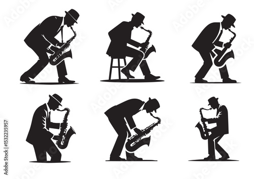 A man playing a saxophone. He is wearing a hat and is bending over Silhouette Vector Set