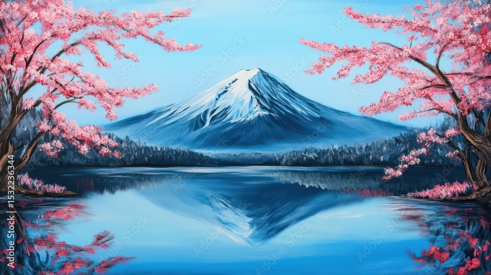 Obraz premium A scenic landscape showing a snow-capped mountain reflected in a serene lake, framed by blooming pink trees