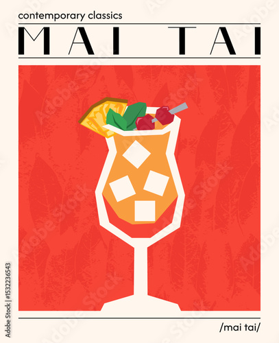 Mai Tai cocktail. Vector illustration of summer alcoholic drink garnished with pineapple and cherry. Poster with tropical refreshing drink. Contemporary poster for bar, restaurants and menu.