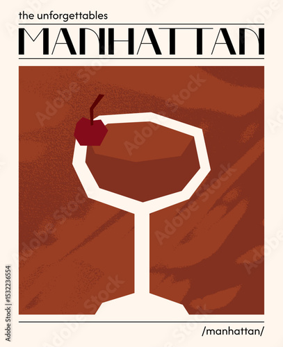 Manhattan cocktail. Vector illustration of classic alcoholic drink with whiskey. Poster with elegant cocktail garnished with cherry. Contemporary poster for bar, restaurants and menu.