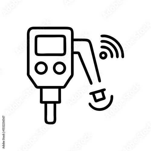 Line icon representing a digital sensor used in industrial automation, showing wireless data transmission from a factory environment.
