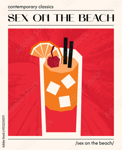 Sex on the beach cocktail. Vector illustration of summer alcoholic drink garnished with orange and cherry. Poster with tropical refreshing drink. Contemporary poster for bar, restaurants and menu.