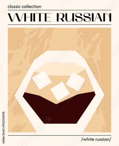 White Russian cocktail. Vector illustration of classic alcoholic drink with vodka, coffee liquor and cream. Contemporary poster with drink in old fashioned glass with ice.