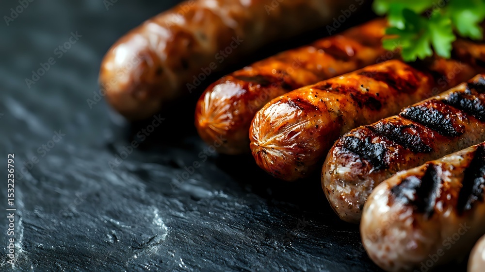 Fototapeta premium Grilled sausages with grill marks on dark stone background. Juicy bratwurst with charred exterior and fresh herbs, macro food photography for menu design.