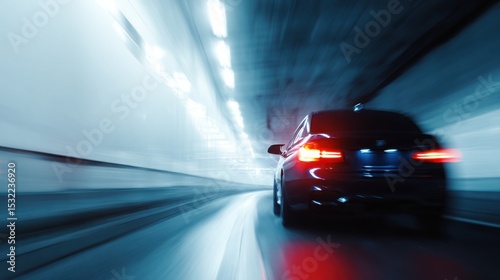 A car driving in a tunnel, close-up of the rear lights and side body with a motion blur effect. Electric vehicle concept car in the style. Blue in color.