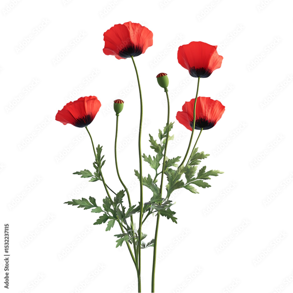 Obraz premium Red Poppies Flowers on Stems with Green Leaves on Transparent Background.